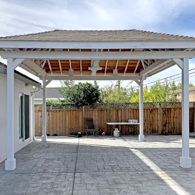 Custom Mia's Pavilion (Options: 18' L x 18' W, No Privacy Panels, California Redwood, 9.5' H, No Electrical Wiring Trim, 4-Post Anchor Kit for High-Wind, No Post Decorative Trim, No Ceiling Fan Base, Roof without Cupola by Custom Request, White Paint).