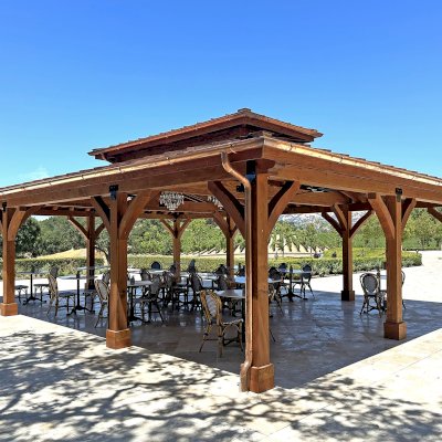 Custom Mia's Pavilion (Options: 35' x 25', Douglas-fir, Post Anchor Kit for High-Wind, 8x8 Posts, 8' H Posts, No Decorative Trims for Posts, with Ceiling Fan Bases, Custom Copper Roof and Gutters, Custom Finish). Photo Courtesy of Jordan Vineyard & Winery, 1474 Alexander Valley Rd, Healdsburg, CA.