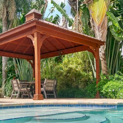 Mia's Pavilion (Options: 20' L x 20' W, No Privacy Panels, California Redwood, 9.5' H, No Electrical Wiring Trim, 4-Post Anchor Kit for High-Wind, No Post Decorative Trim, No Ceiling Fan Base, No Curtain Rods, 10"x10" post thickness by Custom Request).