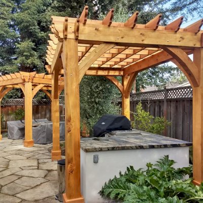 Montvale Pergolas (Options: 10' x 12' & 8 x 8, Douglas-fir, 4-Post Anchor Kit for Concrete, No Ceiling Fan Base, No Curtain Rods, No Privacy Panels, 9' Post, Transparent Premium Sealant). Photo Courtesy of T. Cohen of Palo Alto, CA.