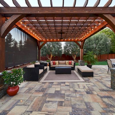 Montvale Pergolas (Options: 18' x 18', California Redwood, 4-Post Anchor Kit for Concrete, Electrical Wiring Trim Kit for 2 Posts, 1 Ceiling Fan Base, No Curtain Rods, No Privacy Panels, 8" x 12" x 10' Post, Coffee-Stain Premium Sealant). Photo Courtesy of M. Butler of Napa, CA.