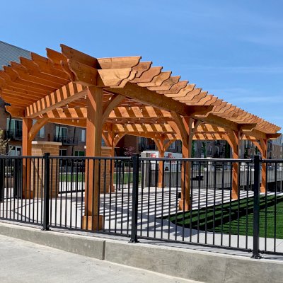 Custom Montvale Pergolas (Options: 42'-6" x 22'-6", Douglas-fir, 7-Post Anchor Kit for Concrete, 2 x 12 Rafters and Supports and 8 x 8 Post, Transparent Premium Sealant). Photo Courtesy of H. Hillebrand of Louisville, Kentucky.