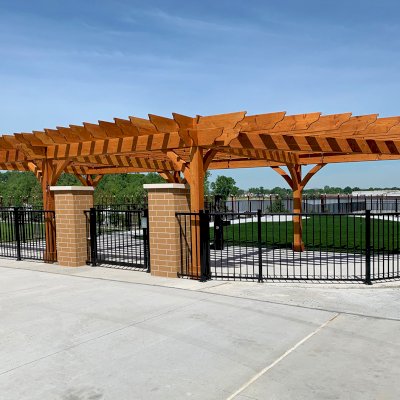 Custom Montvale Pergolas (Options: 42'-6" x 22'-6", Douglas-fir, 7-Post Anchor Kit for Concrete, 2 x 12 Rafters and Supports and 8 x 8 Post, Transparent Premium Sealant). Photo Courtesy of H. Hillebrand of Louisville, Kentucky.