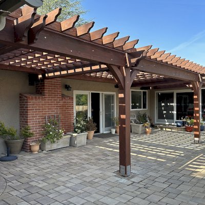 Montvale Pergolas (Options: 37' x 14', California Redwood, 8.5 ft H, No Ceiling Fan Base, No Post Decorative Trims, Post Anchor Kit for High-Wind, Coffee-Stain Premium Sealant). Photo Courtesy of F. Ahmed of Saratoga, NY.