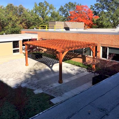 Montvale Pergolas (Options: 24' x 18', California Redwood, 4-Post Anchor Kit for High-Wind, Pergola with Only 4 Posts Instead of 6 by Custom Request, No Ceiling Fan Base, No Curtain Rods, No Privacy Panels, 10' Post, Transparent Premium Sealant). Photo Courtesy of J. Cipolla of New Brunswick, New Jersey.