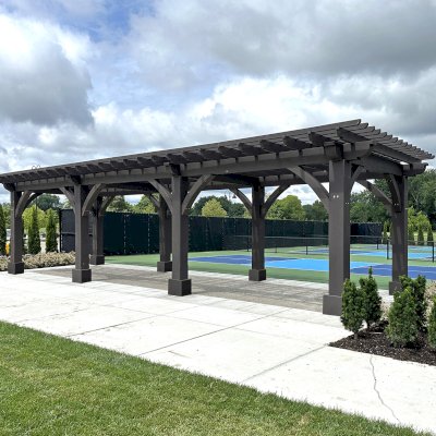 Custom Montvale Pergola (Options: 15' 7 1/2" W x 44' L, California Redwood, 12 x 12 Posts, 9' H, Post Anchor Kit for High-Wind, Custom Stain). Photo Courtesy of C/O Country Club of Detroit, Grosse Pointe Farms, MI.