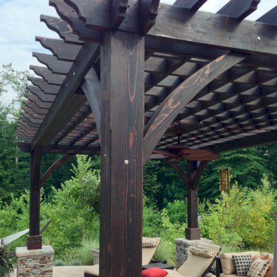 Montvale Pergolas (Options: 20' x 14', California Redwood, Electrical Wiring Trim for 1 Post, Rafters at 16", 4-Post Anchor Kit for Stone, Brick or Concrete, Ceiling Fan Base, No Privacy Panels, 8.5' Post, Coffee-Stain Premium Sealant). Photo courtesy of William H. of Montvale, NJ.