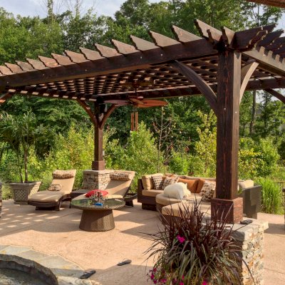 Montvale Pergolas (Options: 20' x 14', California Redwood, Electrical Wiring Trim for 1 Post, Rafters at 16", 4-Post Anchor Kit for Stone, Brick or Concrete, Ceiling Fan Base, No Privacy Panels, 8.5' Post, Coffee-Stain Premium Sealant). Photo courtesy of William H. of Montvale, NJ. 