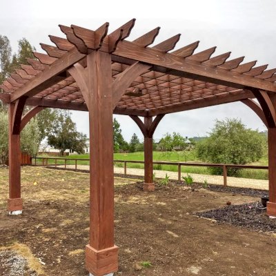 Montvale Pergolas (Options: 18' x 18', California Redwood, 4-Post Anchor Kit for High-Wind, 1 Ceiling Fan Base, No Curtain Rods, No Privacy Panels, 10' Post, Coffee-Stain Premium Sealant). Photo Courtesy of M. Butler of Napa, CA.
