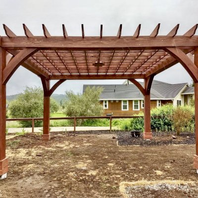 Montvale Pergolas (Options: 18' x 18', California Redwood, 4-Post Anchor Kit for High-Wind, 1 Ceiling Fan Base, No Curtain Rods, No Privacy Panels, 10' Post, Coffee-Stain Premium Sealant). Photo Courtesy of M. Butler of Napa, CA.
