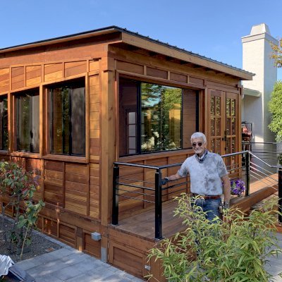 Palo Alto Backyard Cabin (Options: 18' L, 16' W, Without Porch, Structural Deck - Interior and 4' Exterior, California Redwood, Sugar Pine Internal Walls and Ceiling, Windows Purchased Locally, With Two 3' x 5' Skylights, Metal Roof, Custom Railings and Steps, Electrical Wire Trim on the Walls, Transparent Premium Sealant). Photo Courtesy of A. Ramon of South San Francisco, California.