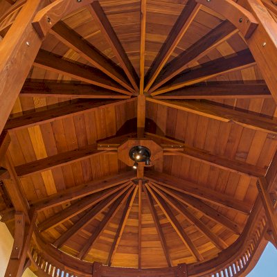 Palomar Round Pavilion (Options: 15' L x 10'-6" W, with Deck, California Redwood, With Upper Corvels and Lower Panels, Transparent Premium Sealant). Photo Courtesy of A. Singh of Dublin, California.
