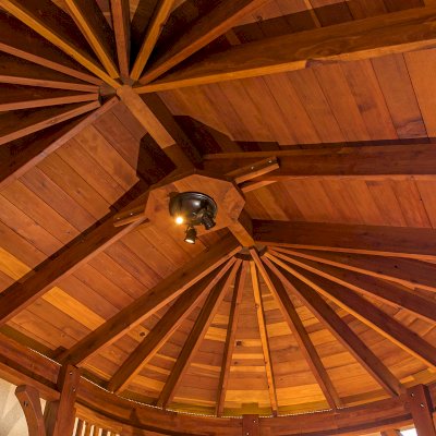Palomar Round Pavilion (Options: 15' L x 10'-6" W, with Deck, California Redwood, With Upper Corvels and Lower Panels, Transparent Premium Sealant). Photo Courtesy of A. Singh of Dublin, California.