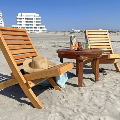 Portable Beach Chairs (Options: Douglas-fir, Transparent Premium Sealant). Photo Also Shows a 28 3/4" Round Side Table in California Redwood.
