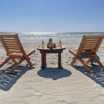 Portable Beach Chairs (Options: Douglas-fir, Transparent Premium Sealant). Photo Also Shows a 28 3/4" Round Side Table in California Redwood.