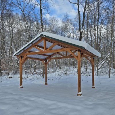 San Carlos Carport Pavilion (Options: 14' L x 20' W, Mosaic Douglas, Post Standard Anchor Kit, 9.5' H Posts, 6x6 Posts, Electrical Wiring Trim Kit for 1 Post, Transparent Premium Sealant). Pavilion installed at Love Creek County Park, 9292 Huckleberry Rd #9736, Berrien Center, MI.