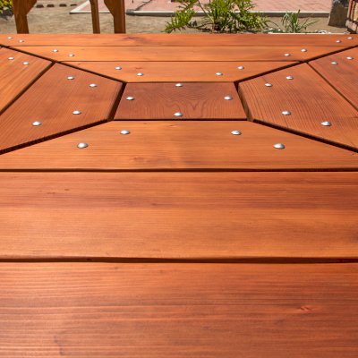 Sea Ranch Picnic Table  (options: 6ft x 6ft tabletop size, California Redwood, Slightly Rounded Corners (1/2-in radius), Transparent Premium Sealant).