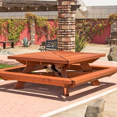 Sea Ranch Picnic Table  (options: 6ft x 6ft tabletop size, California Redwood, Slightly Rounded Corners (1/2-in radius), Transparent Premium Sealant).