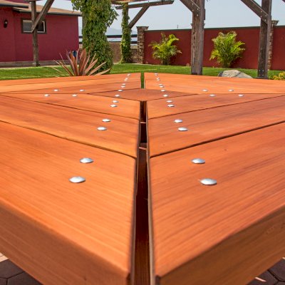 Sea Ranch Picnic Table  (options: 6ft x 6ft tabletop size, California Redwood, Slightly Rounded Corners (1/2-in radius), Transparent Premium Sealant).