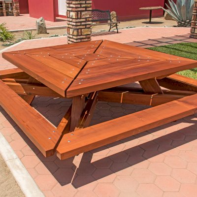 Sea Ranch Picnic Table  (options: 6ft x 6ft tabletop size, California Redwood, Slightly Rounded Corners (1/2-in radius), Transparent Premium Sealant).