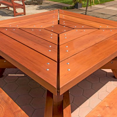 Sea Ranch Picnic Table  (options: 6ft x 6ft tabletop size, California Redwood, Slightly Rounded Corners (1/2-in radius), Transparent Premium Sealant).