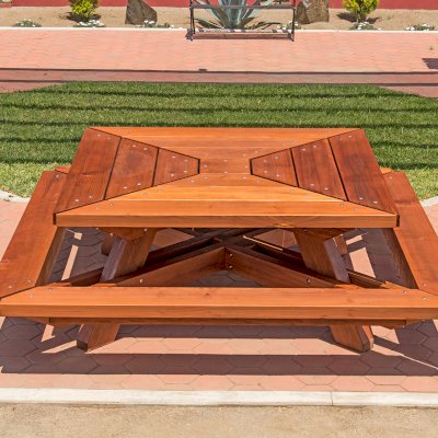 Sea Ranch Picnic Table  (options: 6ft x 6ft tabletop size, California Redwood, Slightly Rounded Corners (1/2-in radius), Transparent Premium Sealant).