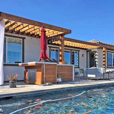 Custom Attached Silverado Modern Pergola (Options: 3 Sections, 6" Roof Rafter Spacing, Douglas-fir, 8x8 Posts, Cantilevered Roof Style, No Ceiling Fan Base, No Electrical Wiring Trim Kits, No Curtain Rods, Transparent Premium Sealant). Photo Courtesy of D. Nagy of Vacaville, CA.