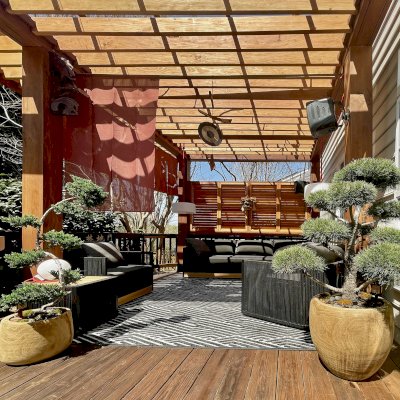 Silverado Modern Pergola (Options: 12' L, 12' W, Douglas-fir, Cantilevered Roof Style, with Transparent Rain Guard, 2 Electrical Wiring Trims, 1 Louver Privacy Panel Half Height Without Wall, 7 1/4" x 7 1/4" Posts, Roof Rafter Spacing at 6", 6 Post Anchor Kit for High-Wind, No Privacy Panels, No Curtain Rods, 9.5' Post Height, Transparent Premium Sealant for Interior and Coffee-Stain Premium Sealant for Exterior). Photo Courtesy of N. Smirnova of North Potomac, Maryland.