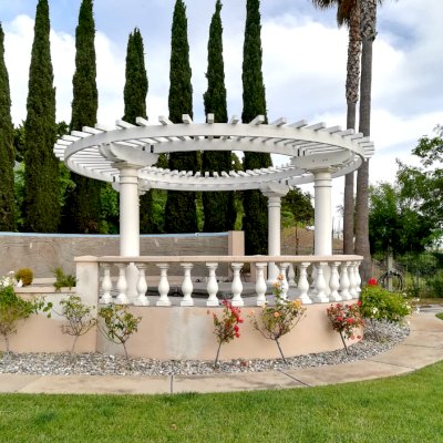Custom Sky Arbor (Options:  360 Full Circle by Custom Request, 12' Diameter, No Privacy Panels, Douglas-Fir, No Electrical Wiring Trim Kit, 4-Post Anchor Kit for Concrete, Off-White Oil-Based Primer). 