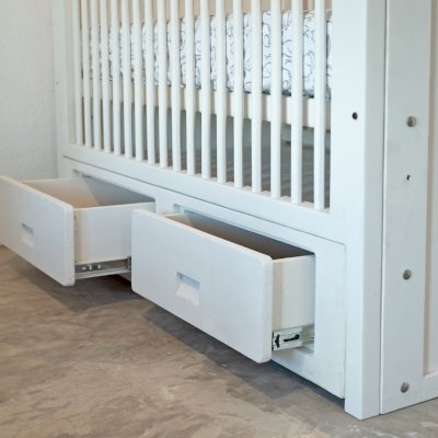 Custom Skyrah Infinity Crib (Options: Mosaic-Douglas, with Bottom Drawers, White Primer).