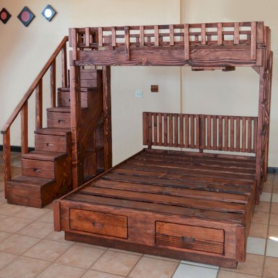 Stairway Bunk Sets (Options: Twin Top Bed, Queen Bottom Bed, Redwood, Stairway with Drawers on South and Ladder on North, Standard Headboard, Add 2 Drawers to Bottom Bed, Standard Safety Rails, Coffee-Stain Premium Sealant).