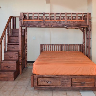 Stairway Bunk Sets (Options: Twin Top Bed, Queen Bottom Bed, Redwood, Stairway with Drawers on South and Ladder on North, Standard Headboard, Add 2 Drawers to Bottom Bed, Standard Safety Rails, Coffee-Stain Premium Sealant).
