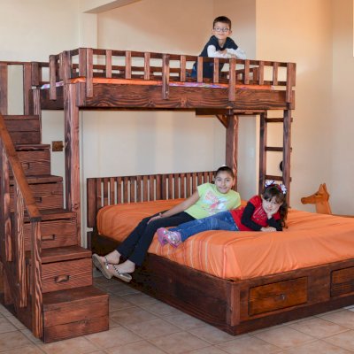 Stairway Bunk Sets (Options: Twin Top Bed, Queen Bottom Bed, Redwood, Stairway with Drawers on South and Ladder on North, Standard Headboard, Add 2 Drawers to Bottom Bed, Standard Safety Rails, Coffee-Stain Premium Sealant).
