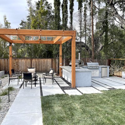 Sun Pergola (Options: 10' L x 10' W, With Rainguard, No Privacy Panel, Douglas Fir, No Curtain Rods, 1 Ceiling Fan Base, 10.5 ft Posts Height, Electrical Wiring Trim Kit for 4 Posts, Post Anchor Kit for High-Wind, Transparent Premium Sealant).