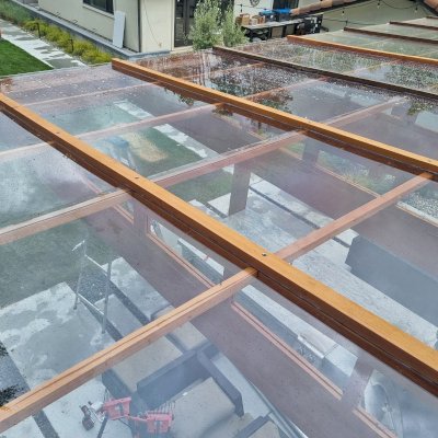 Sun Pergola (Options: 28' L x 15' W, With Rainguard, No Privacy Panel, Douglas Fir, No Curtain Rods, 1 Ceiling Fan Base, No TV Mounts, No Accessory Bases, 10.5 ft Posts Height, Electrical Wiring Trim Kit for 4 Posts, 6-Post High-Wind Anchor Kit, Transparent Premium Sealant).