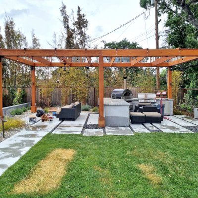 Sun Pergola (Options: 28' L x 15' W, With Rainguard, No Privacy Panel, Douglas Fir, No Curtain Rods, 1 Ceiling Fan Base, No TV Mounts, No Accessory Bases, 10.5 ft Posts Height, Electrical Wiring Trim Kit for 4 Posts, 6-Post High-Wind Anchor Kit, Transparent Premium Sealant).