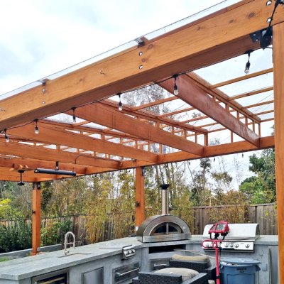 Sun Pergola (Options: 28' L x 15' W, With Rainguard, No Privacy Panel, Douglas Fir, No Curtain Rods, 1 Ceiling Fan Base, No TV Mounts, No Accessory Bases, 10.5 ft Posts Height, Electrical Wiring Trim Kit for 4 Posts, 6-Post High-Wind Anchor Kit, Transparent Premium Sealant).