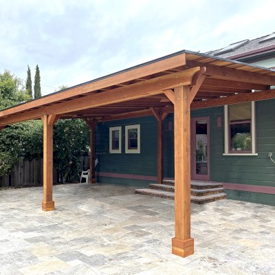 Sunset Patio Pavilion (Options: 35' x 18', California Redwood, 9ft H, 3 Electrical Wiring Trims, 6-Post Anchor Kit for High-Wind, No Post Decorative Trim, 4 Ceiling Fan Bases, No Curtain Rods, Transparent Premium Sealant). Photo Courtesy of L. Shelton of San Jose, California.