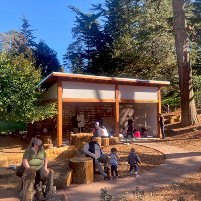 Custom Sunset Patio Pavilion (Options: 28' x 18', 1 Fixed Louvered Privacy Wall, California Redwood, No Electrical Wiring Trim, 6-Post Anchor Kit for High-Wind, No Post Decorative Trim, 9' & 12' H Posts, No Ceiling Fan Base, Curtain Rods on 3 Sides, with Fascia Boards, Transparent Premium Sealant). Supports and Rafters at Same Level by Custom Request. Photo Courtesy of California Academy of Sciences of San Francisco. CA [www.calacademy.org].