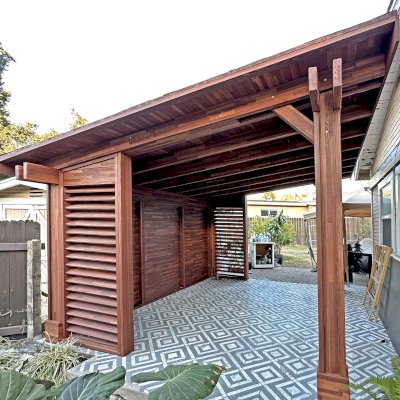 Sunset Patio Pavilion (Options: 14' x 12', Wall Privacy Panel Combination and Fixed Louvered Panels, Mosaic Redwood, 8ft H, Electrical Wiring Trim for 1 Post, 4-Post Anchor Kit for Concrete, Vertical Post Decorative Trims, No Ceiling Fan Base, Coffee-Stain Premium Sealant). Photo Courtesy of J. Ringer of Glendale, CA.