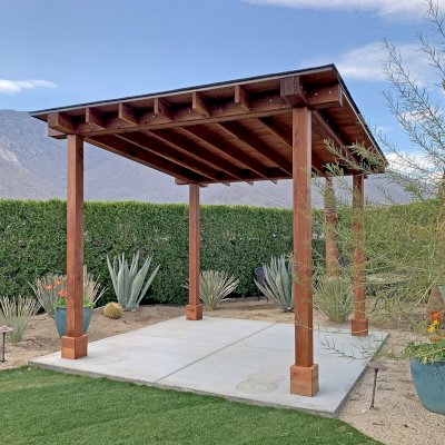 Sunset Patio Pavilion (Options: 12' x 12', No Privacy Panel, California Redwood, 9ft H, 2 Electrical Wiring Trims, 2-Post Anchor Kit for High-Wind, No Post Decorative Trim, 1 Ceiling Fan Base, No Curtain Rods, Transparent Premium Sealant). Supports and Rafters at Same Level by Custom Request.