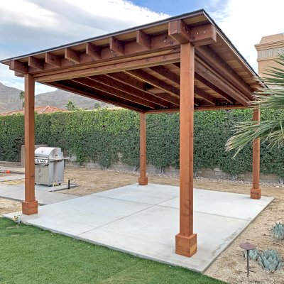 Sunset Patio Pavilion (Options: 14' x 16', No Privacy Panel, California Redwood, 9ft H, 2 Electrical Wiring Trims, 2-Post Anchor Kit for High-Wind, No Post Decorative Trim, 1 Ceiling Fan Base, No Curtain Rods, Transparent Premium Sealant). Supports and Rafters at Same Level by Custom Request.