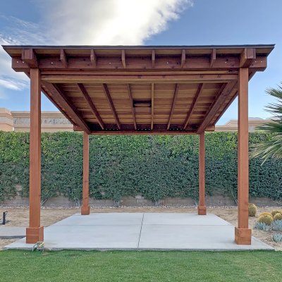 Sunset Patio Pavilion (Options: 14' x 16', No Privacy Panel, California Redwood, 9ft H, 2 Electrical Wiring Trims, 2-Post Anchor Kit for High-Wind, No Post Decorative Trim, 1 Ceiling Fan Base, No Curtain Rods, Transparent Premium Sealant). Supports and Rafters at Same Level by Custom Request.