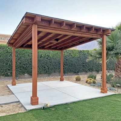 Sunset Patio Pavilion (Options: 14' x 16', No Privacy Panel, California Redwood, 9ft H, 2 Electrical Wiring Trims, 2-Post Anchor Kit for High-Wind, No Post Decorative Trim, 1 Ceiling Fan Base, No Curtain Rods, Transparent Premium Sealant). Supports and Rafters at Same Level by Custom Request.