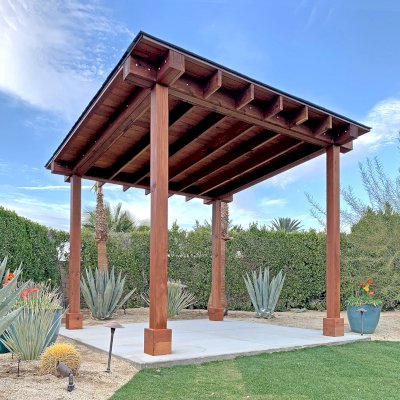 Sunset Patio Pavilion (Options: 12' x 12', No Privacy Panel, California Redwood, 9ft H, 2 Electrical Wiring Trims, 2-Post Anchor Kit for High-Wind, No Post Decorative Trim, 1 Ceiling Fan Base, No Curtain Rods, Transparent Premium Sealant). Supports and Rafters at Same Level by Custom Request.