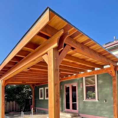 Sunset Patio Pavilion (Options: 35' x 18', California Redwood, 9ft H, 3 Electrical Wiring Trims, 6-Post Anchor Kit for High-Wind, No Post Decorative Trim, 4 Ceiling Fan Bases, No Curtain Rods, Transparent Premium Sealant). Photo Courtesy of L. Shelton of San Jose, California.