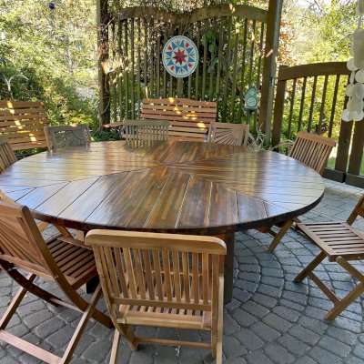 Photo Shows a Sunset Patio Table 8 Years After Installation, Table Was Just Refinished From a Fire (Options:7' Diameter, Table Alone, Mosaic Redwood, Standard Tabletop, Lazy Susan, No Umbrella Hole, Transparent Premium Sealant). Photo Courtesy of John Farkas of Vida, Oregon. 
