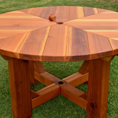Sunset Patio Tables (Options: 4.5' Diameter, Table Alone, California Redwood, Standard Tabletop, No Lazy Susan, Umbrella Hole, Transparent Premium Sealant).