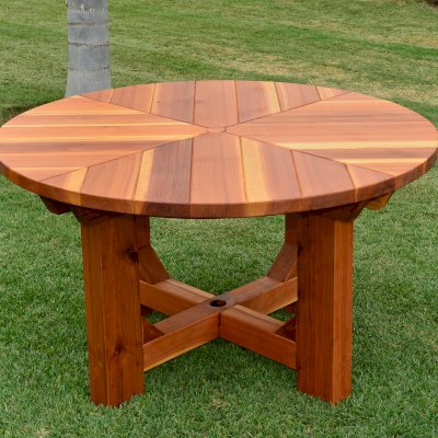 Sunset Patio Tables (Options: 4.5' Diameter, Table Alone, California Redwood, Standard Tabletop, No Lazy Susan, Umbrella Hole, Transparent Premium Sealant).
