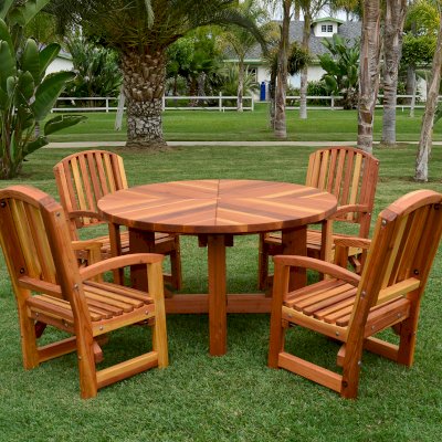 Sunset Patio Tables (Options: 4.5' Diameter, With Chairs, California Redwood, 4 Luna Armchairs, No Cushions, Standard Tabletop, No Lazy Susan, Umbrella Hole, Transparent Premium Sealant).